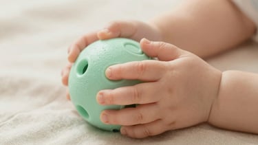 Close-up macro shot of tiny infant hands grasping a soft-textured mint green sensory ball, resting on a neutral linen blanket, soft warm natural light.