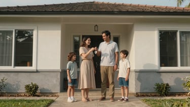 Wide shot of a family of four standing outside the entrance of a modest single-story home, natural afternoon light, the parents holding keys, children beside them, relaxed and genuine, no staging