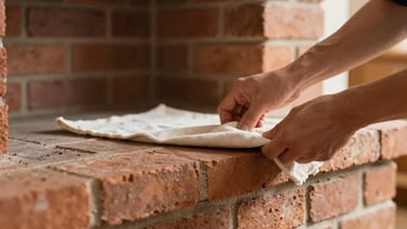 Hands of a professional technician carefully placing a protective drop cloth over a clean brick hearth, soft daylight, shallow depth of field