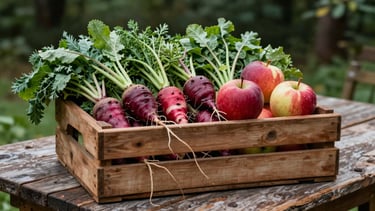 A rustic wooden harvest box filled with organic root vegetables, apples, and herbs, sitting on a weathered farm table, moody natural light, rich forest green and deep crimson tones