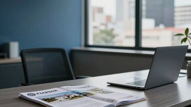 A sophisticated real estate office in a South American city, featuring a modern desk with property brochures and a laptop. A professional atmosphere with soft natural light entering through large windows, palette of dark blue and soft blue-grey, clean composition.