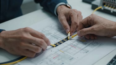 Close detail of a network engineer's hands tracing cable routes on a printed infrastructure diagram laid flat on a desk, cool overhead lighting, no faces visible