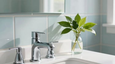 A crisp, high-detail photograph of a modern North American / US bathroom vanity. Features a clean white countertop, a polished chrome faucet, and a small glass vase with fresh green leaves. Soft aqua blue and white tiles in the background with bright, natural morning light pouring in, creating an uplifting and hygienic atmosphere.