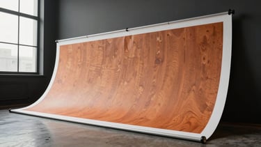 Wide panoramic roll-up banner and large vinyl print leaning against a studio wall, camera angle low to show substrate texture and color saturation under north-facing window light, rich dark background