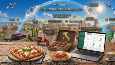 Laptop con Kaspersky a Roma con vista sul Colosseo, pizza e caffè. Protezione antivirus in Italia milano ferrari vespa pizza 