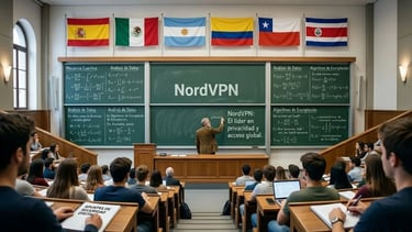 Profesor de facultad escribe NordVPN en la pizarra para el glosario de ciberseguridad con banderas hispanas.