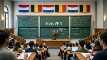 Professor in een aula legt NordVPN termen uit voor de cyberbeveiliging woordenlijst met NL en BE vlaggen.