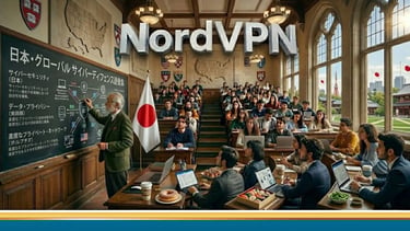 日本の大学の教室、黒板に書かれたNordVPN、授業をする教授と学生たち。