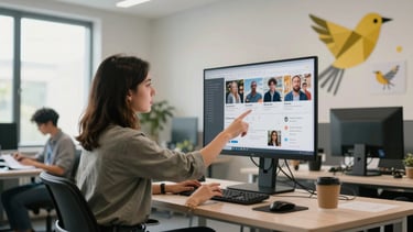 Wide environmental shot inside a bright agency workspace — a woman at a standing desk gestures toward a large monitor displaying a live social media campaign dashboard, natural daylight from windows left, a second team member in soft focus reviewing notes in the background, geometric yellow bird illustration pinned to the wall behind her