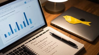 Close-up overhead study shot of a desk setup — open laptop showing a LinkedIn analytics page with performance graphs, a notepad with hand-written campaign notes beside it, a yellow geometric bird sticker on the laptop lid, warm studio lighting from above, shallow depth of field