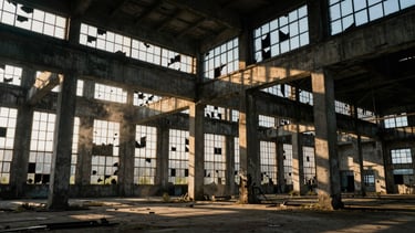 Cinematic wide shot of an abandoned industrial concrete warehouse, dramatic golden hour light cutting through broken glass windows, dust motes in the air