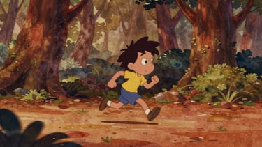 Cinematic wide 21:9 frame of a hand-drawn cartoon character running through a lush watercolor forest, vibrant terracotta and warm amber tones, film grain, motion blur