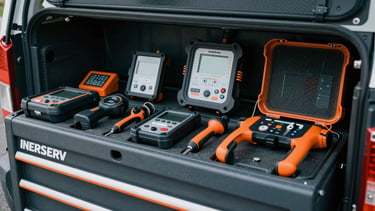 Close-up, detailed shot of an organized toolkit and specialized diagnostic equipment laid out neatly inside a branded INERSERV service vehicle, ready for use, industrial editorial photography, PNW daylight, cool slate and safety orange tones, sharp focus, 35mm.