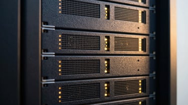 Close-up of a high-end server rack with soft gold indicator lights in a clean, modern data center, warm side-lighting, professional corporate style, 35mm