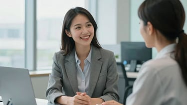 A clean, modern North American office environment with large windows allowing for soft daylight. A professional career consultant is engaged in a friendly conversation with a client, conveying a sense of hope and confidence. The setting features a palette of light blue and pale cyan accents, emphasizing accessibility and professionalism.