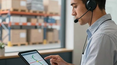 A professional South American logistics manager in a bright office environment, using a modern headset and looking at a tablet showing delivery routes. In the background, a clean and organized logistics warehouse is visible through a large window. The lighting is crisp and natural, highlighting a professional and efficient atmosphere with subtle navy blue and ochre accents in the decor.
