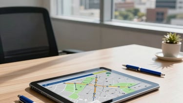 A clean, modern South American corporate office interior in Brazil. A professional wooden desk features a tablet displaying a delivery route map and a steel blue pen. Natural sunlight streams through a large window overlooking a business district. The atmosphere is efficient and professional, with a color palette of navy and off-white.