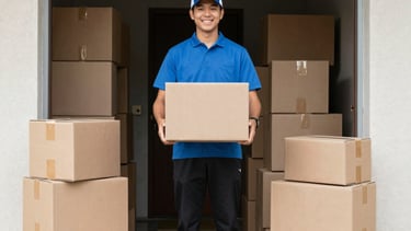 A delivery person handing over a package with branded clothing inside.