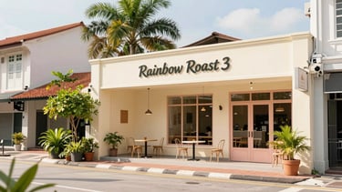 Wide shot of a vibrant, sunlit cafe exterior with clear signage 'Rainbow Roast' on a street in Kampung Baru, Ampang, Malaysia, with lush greenery and local architecture in the background. Bright natural daylight, warm cream and pastel tones, shallow depth of field.