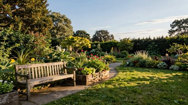 Wide panoramic garden scene in late afternoon golden hour light — a weathered wooden bench to the left third sits beside a raised planter bed with herbs and flowering plants, a stone path curves into a lush green garden in the background, dappled sunlight through leafy trees, no people, generous open sky above the right two-thirds, quiet and unhurried