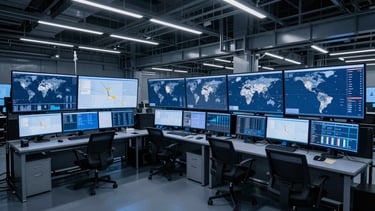 High-tech trading desk room with multi-screen setups showing global shipping routes, cold blue lighting, sharp contrast.