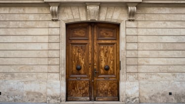 Symmetrical architectural elevation of a restored historic wooden door in Paris, soft overcast daylight, clean stone facade framing
