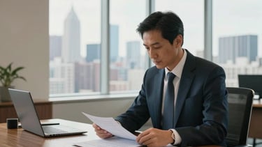 A high-end North American office interior with large windows overlooking a city skyline. A professional in a suit is reviewing property documents on a polished wood desk. The lighting is bright and soft, creating a trustworthy and strategic atmosphere. Accents of sand tan and muted blue are present in the decor. Professional architectural photography style.