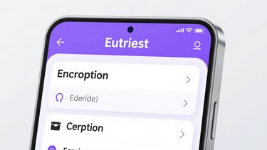 Close-up of a modern studio-lit tech device displaying clean encryption interfaces, bright daylight, minimalist aesthetic.