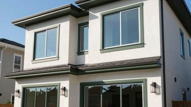 A high-end residential property exterior in a North American setting, featuring clean architectural lines, deep sage trim, and large windows reflecting a clear blue sky. The scene is shot in bright daylight, emphasizing professional real estate quality and trust.