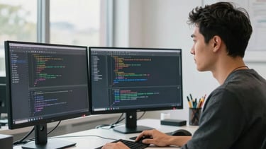 A professional developer in a bright Seattle studio, coding on multiple monitors showing Android Studio. Clean composition, soft daylight, reflecting efficient craftsmanship.