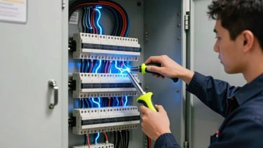 Wide-angle photography of a modern electrical panel being serviced by a North American technician in an Orlando home. The composition features sharp focus on the internal circuitry with electric blue lighting effects mimicking energy flow. The atmosphere is professional and high-tech, using dark navy and white tones with neon yellow accents on the tool handles.