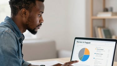 An African marketing specialist analyzing market insights on a laptop screen