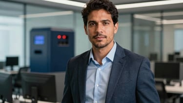 A high-quality professional photography of a confident South American / Brazilian man in a modern office. He is looking at the camera with a direct and confident expression, dressed in business casual attire. The background is a sophisticated tech environment with glass walls and hints of dark blue and slate blue machinery. Professional lighting, shallow depth of field, corporate style.