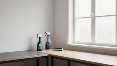 Wide shot of a clean, minimalist workshop corner with a workbench, a few Your Way Cleaning tools neatly arranged, bright natural light coming from a large window.