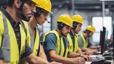 Technician inspecting a rack installation with safety gear
