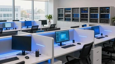 A wide-angle professional photograph of a modern tech operations center in a North American corporate building. The room is filled with sleek white workstations, glowing blue LED accents on the walls, and high-speed networking equipment in the background. Natural morning light pours in through large windows, creating a bright and trustworthy atmosphere.