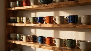 Wide shot of a rustic wooden shelf filled with various colorful, chunky stoneware mugs and bowls, soft golden hour light streaming from a window, cozy studio atmosphere