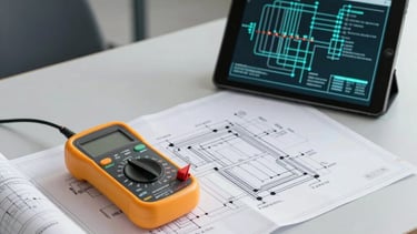 Professional photography of a South American Brazilian electrical engineering workspace. On a clean, light grey desk sits a detailed electrical blueprint for a residence, a modern multimeter, and a tablet displaying technical circuit diagrams. The environment is modern and clean, with soft white and teal accents reflecting professionalism and precision.