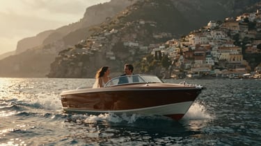 Cinematic wide 21:9 frame of a couple on a vintage speedboat in Amalfi, dramatic golden hour light, water splashing, shallow depth of field.