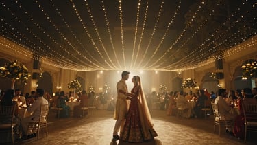 Cinematic wide 21:9 frame of a grand Indian wedding reception under thousands of fairy lights, couple dancing, dramatic low-light atmosphere, anamorphic flare.