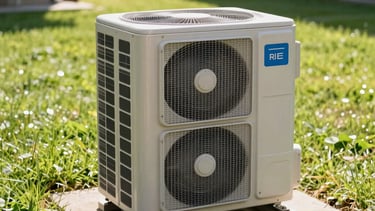 An outdoor central air conditioning unit cleanly mounted on a concrete pad next to a suburban home with lush green lawn, shining in bright sunlight.