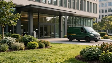 Professional architectural photography of a modern commercial office building entrance in Berlin, surrounded by perfectly maintained green lawns and decorative shrubbery. A professional maintenance vehicle in dark forest green is parked discreetly in the background. Soft afternoon sunlight, high-quality landscaping, clean lines, Central European setting.