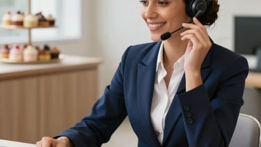A professional South American / Brazilian attendant in a modern office setting, smiling while talking on a sleek headset. On their wooden desk sits an elegant ceramic plate with colorful macarons and a cup of coffee. The environment is bright and welcoming, blending corporate efficiency with the warmth of a luxury sweet shop. Soft natural lighting, high-end commercial photography, with a palette of midnight blue and soft peach.
