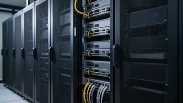 wide shot of a completed commercial installation featuring neat server racks and clean cable management, cool technical color palette, dramatic directional lighting, 50mm