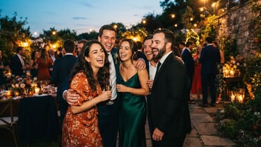 Candid wedding guests laughing together at dusk, warm ambient lighting, rich saturated tones, 35mm film grain, off-center composition.