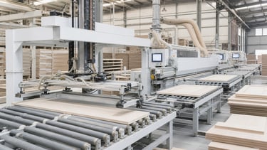 Interior door factory production workshop with organized manufacturing process