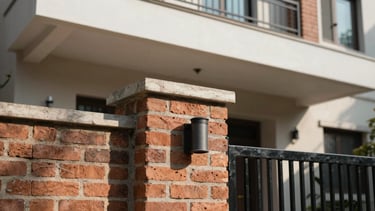 Close-up detail of modern Nepali residential architecture, showing high-quality brickwork, clean mortar joints, and a black steel gate under natural daylight.