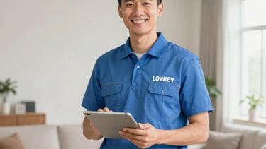 A professional and friendly electrician in a clean branded uniform, standing in a bright, modern North American living room and holding a digital tablet. The scene is illuminated by soft, natural light, highlighting clean wiring and modern light fixtures in the background. The mood is safe and approachable, featuring a soft blue and off-white color palette.