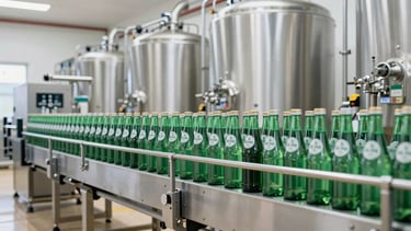 Wide environmental shot of a clean, modern automated bottling line at a Hite-Jinro brewery, sleek stainless steel machinery, rows of green bottles under bright daylight