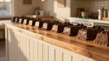Warm-toned editorial food photography of a cozy kitchen storefront in Meridian, golden-hour side light, rich chocolate and cream tones, shallow depth of field, macro details of a wooden pickup counter.
